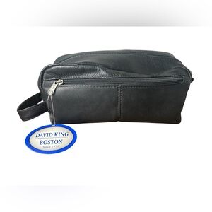 David King Boston Black Leather Toiletry Bag Travel Kit Zip Pouch